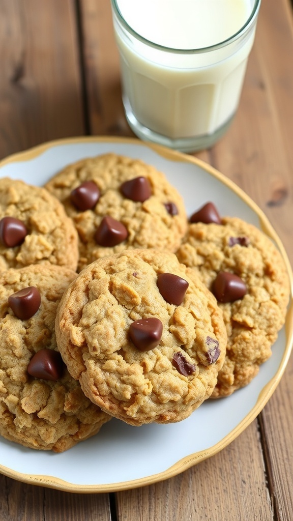 A plate of golden brown oatmeal cookies with chocolate chips, accompanied by a glass of milk on a wooden table.